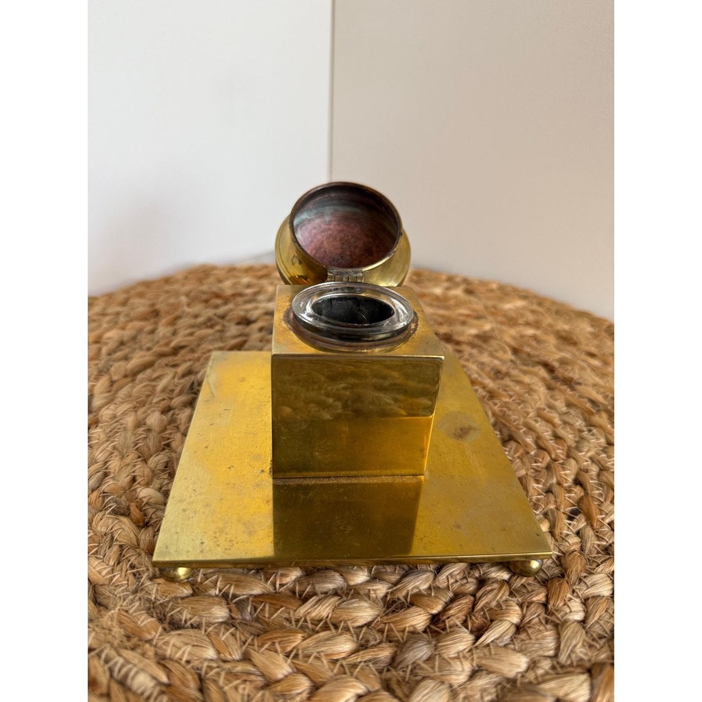 Antique Art Deco brass inkwell with glass insert, 4.5", HEAVY - Picture 3 of 7